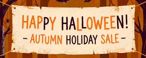 Happy Halloween Banner, Autumn Holiday Sale Background with Seasonal Festive Design