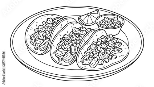 Taco Trio Drawing: A detailed line drawing of a plate with three delicious tacos, a wedge of lime, and a small dipping sauce, perfect for creative projects or culinary inspiration.