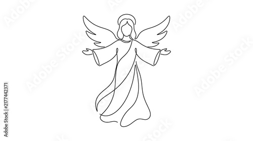 A minimalist one-line drawing of a celestial angel with outstretched wings and halo in black ink on a clean white background.
