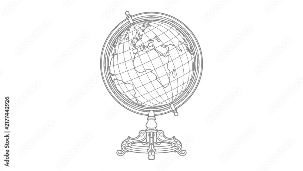 Fototapeta premium Antique Globe Illustration: A detailed line drawing of an antique terrestrial globe, showcasing continents and countries, mounted on an ornate stand. It represents a classic view of the world.