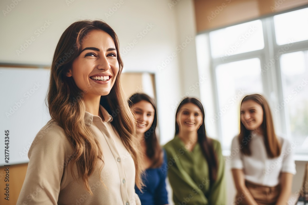 Obraz premium Happy teacher standing in a classroom with smiling female students in the background