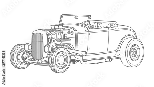 Fotografía Classic Hot Rod Outline: An iconic hot rod roadster, meticulously detailed in outline form, showcases its powerful engine, sleek body, and custom wheels, embodying the spirit of automotive artistry
