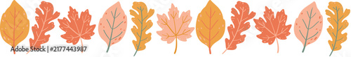 Autumn leaves horizontal border seamless vector pattern. Flat folk art isolated border ribbon with colorful yellow, orange and pink fall foliage for Thanksgiving website header, card decor.