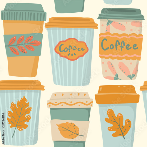 Dense autumn coffee cups seamless pattern on light backdrop. Packed flat folk art vector wallpaper with leaf print takeaway mugs for Thanksgiving cozy cafe fabric print, wrapping paper.
