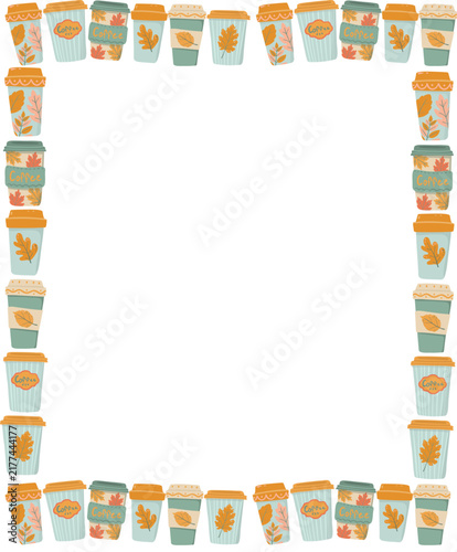 Autumn coffee cups rectangular vector frame. Square border with takeaway mugs and leaf print for Thanksgiving cafe menu template, fall coffee shop promotion card, isolated element.