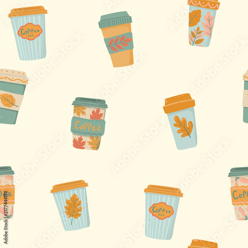 Autumn seamless pattern with small coffee cups and leaf print on light backdrop. Flat folk art vector wallpaper with tiny takeaway mugs and spacious fall foliage layout for cafe fabric print.