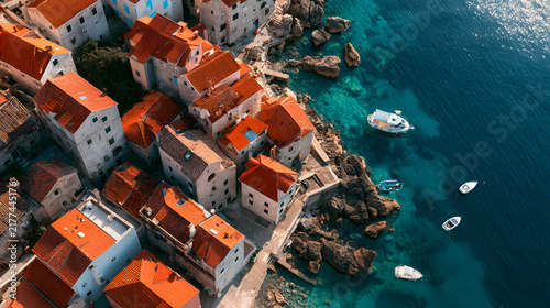 Aerial view of a charming coastal village with red-roofed houses along the turquoise sea.