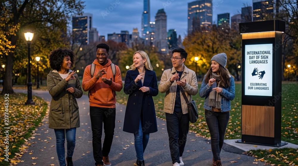 Naklejka premium Four young adults walking along a park path at dusk communicating using sign language near a digital information kiosk with a city skyline in the background