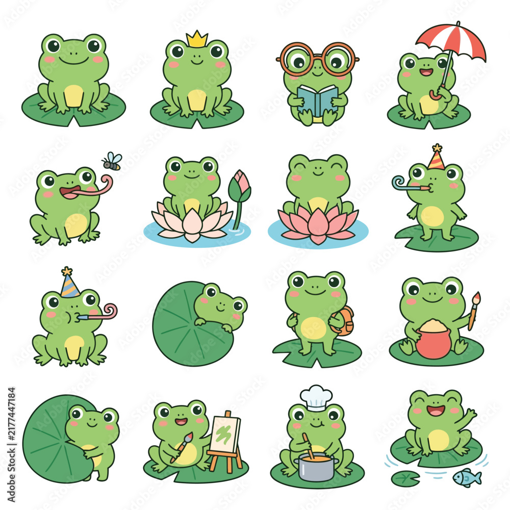 Fototapeta premium Cartoon Frogs Engaged in Various Fun Activities.