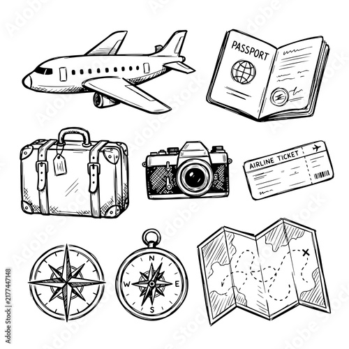 Hand drawn travel elements set including airplane passport camera and map