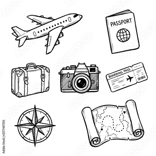 Hand drawn travel and tourism doodle set with airplane passport and vintage