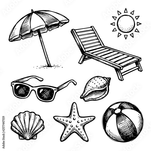 Summer vacation beach elements hand drawn sketch vector collection with sun icon