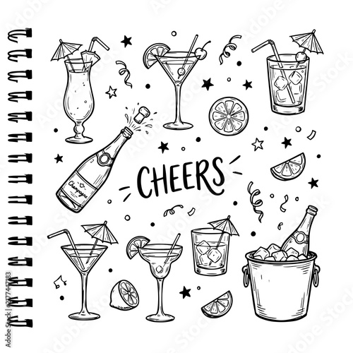 Hand drawn cocktail party doodles and champagne bottle celebration icons