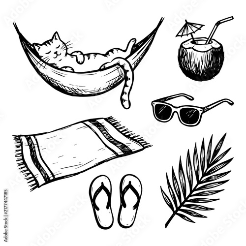 Summer vacation doodle set with cat sleeping in hammock and beach accessories