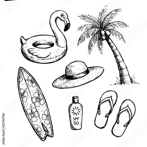 Summer beach vector doodle set with flamingo float and surfboard illustration