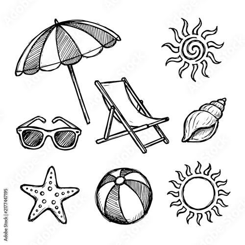Set of hand drawn beach doodle elements including umbrella and sunglasses