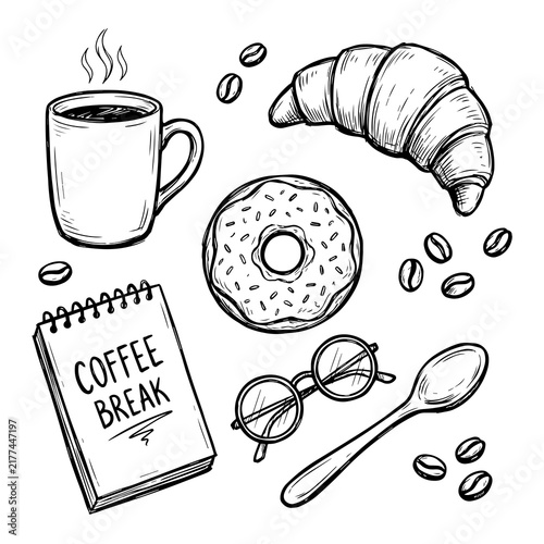 Coffee break doodle illustration with cup croissant donut and notebook