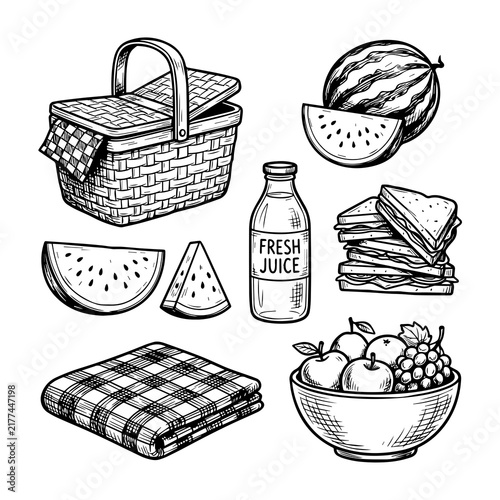 Hand drawn picnic elements collection with basket and fresh fruit sketch