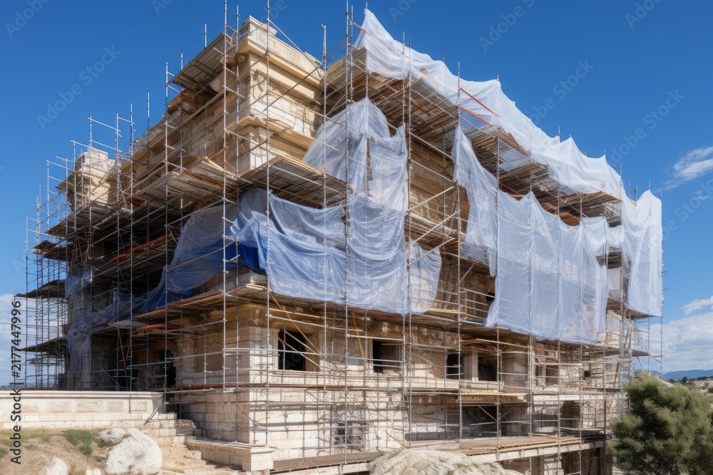Naklejka premium Ancient temple in eleusis, greece, undergoing extensive restoration with scaffolding and protective netting
