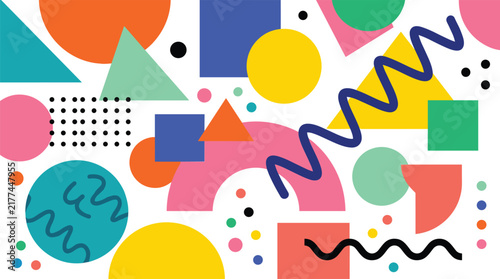 Abstract geometric shapes in vibrant retro colors forming a dynamic pattern on a white background