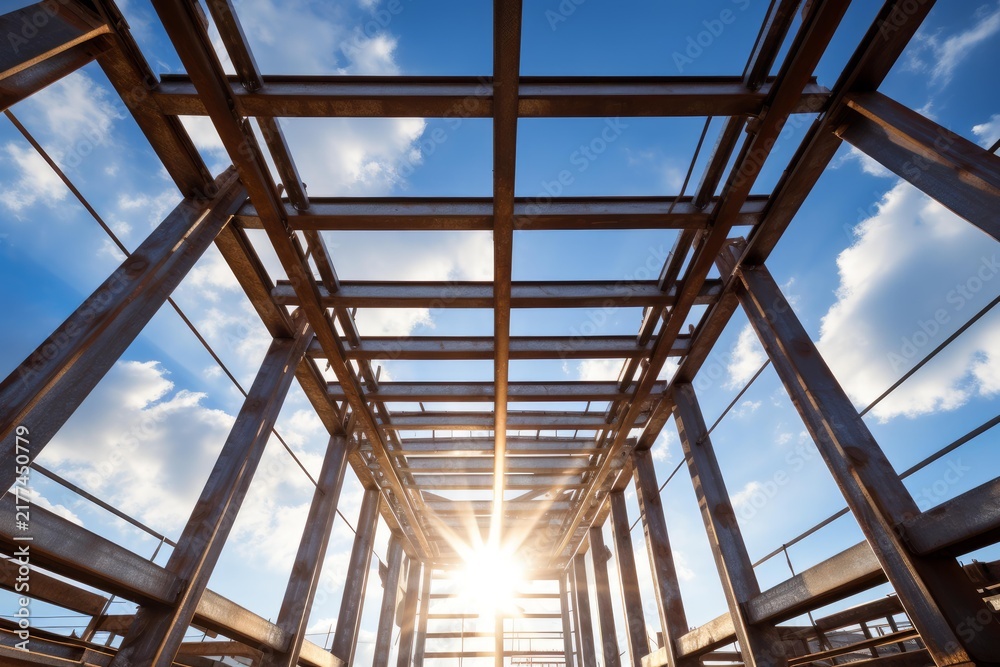 Fototapeta premium Building an industrial steel construction site with strong architectural beams and bright sunlight
