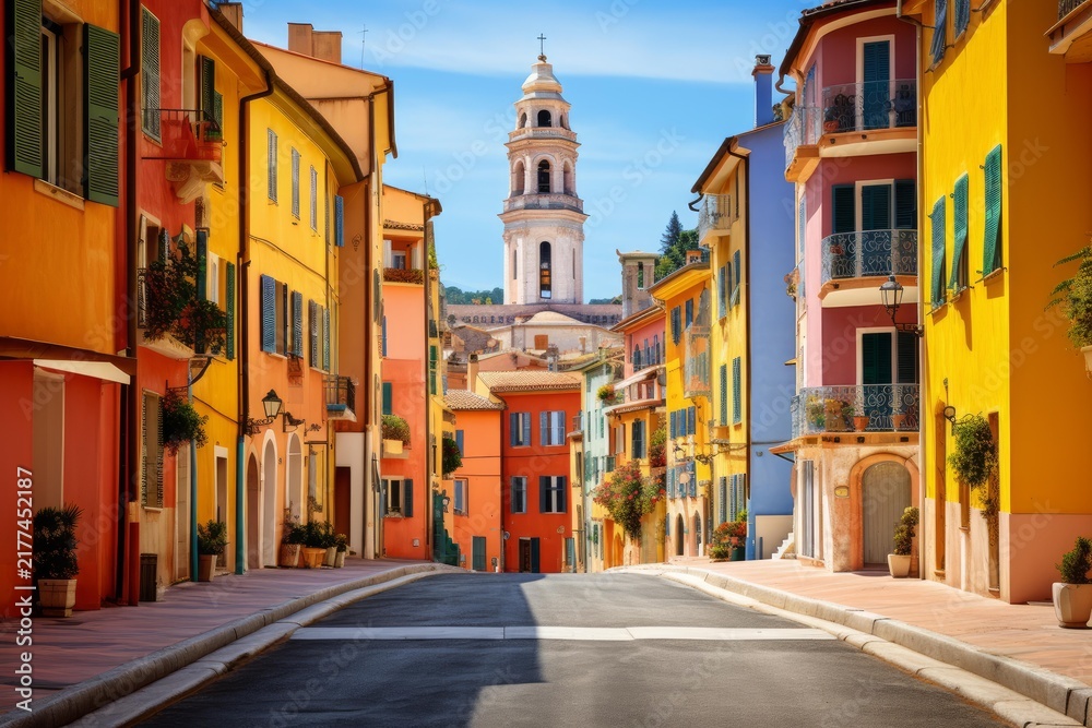 Fototapeta premium Vibrant houses line a charming street with a church steeple rising against a clear sky