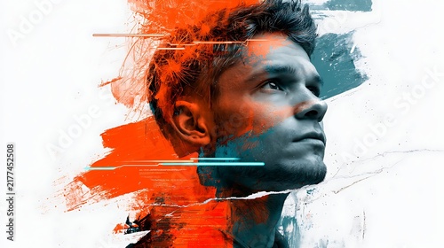 Mixed media collage portrait of a young man with abstract neural networks, digital data glitches and tech startup concept