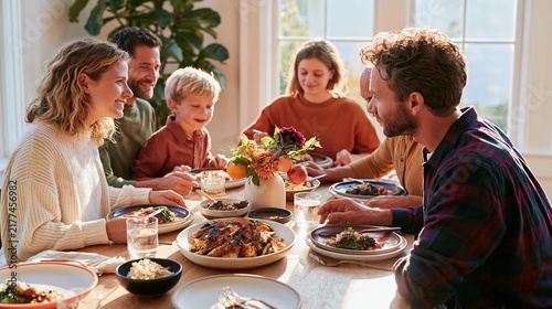 Extended family gathered around a dining table sharing a communal meal with various dishes, bright natural light streaming through large windows in a cozy setting