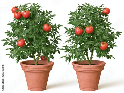 Two potted tomato plants with ripe red fruits and green foliage on wooden stands potted plants red tomatoes