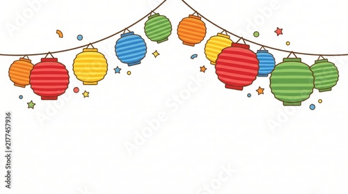 pixel art colorful paper lanterns hanging on string against white background. asian festival, birthday party celebration decoration. copyspace, banner, website header.
