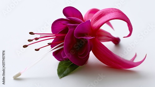 Vibrant fuchsia flower bloom with green stem and leaves against plain white background petals