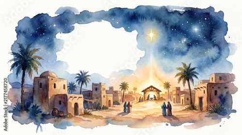 watercolor painting of nativity scene in bethlehem under starry night sky. holy family in stable illuminated by bright star. christian christmas religion concept. copyspace, banner, website header.
