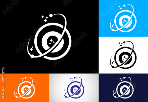 Abstract eye planet logo template featuring cosmic orbit stars in multiple colors.