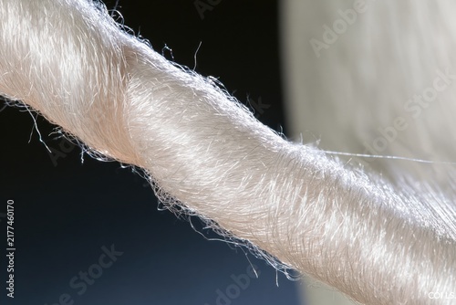 Extreme macro of white yarn under tension with soft lighting and textured fibers
