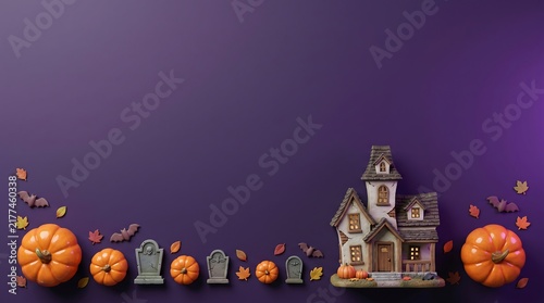 Spooky halloween haunted house with pumpkins and bats, 3D