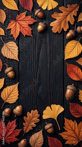 Vibrant autumn leaves in black vase, close-up composition