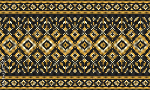 Bild auf Leinwand Seamless black and gold cross stitch pattern with geometric diamonds and traditional ethnic folk ornaments