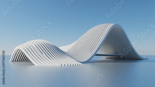 Modern Parametric Double Wave Canopy Architecture Against Blue Sky Background