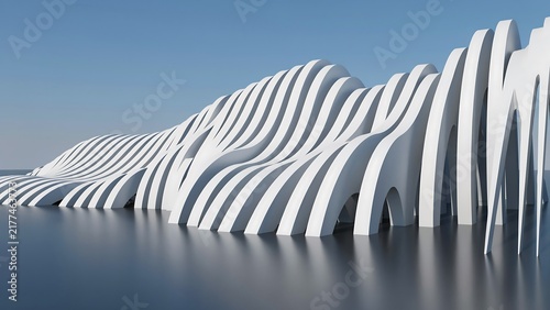 Futuristic Sinuous White Parametric Ribbed Structure Rising from Dark Ground