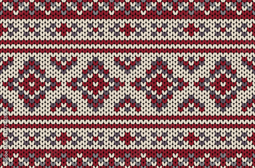 Seamless red and cream Nordic knitted pattern with geometric shape and Fair Isle winter sweater texture for textile and fabric design.