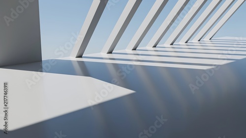 Minimalist Modern Architecture Corridor with Slanted Columns and Diagonal Sunbeams