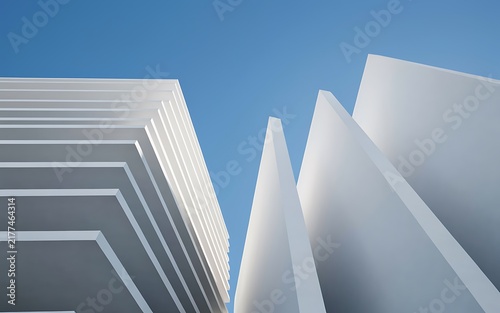 Low Angle Minimalist View of Modern White Architectural Facade Layers Against Blue Sky