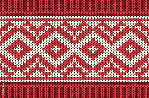 Seamless red and cream knitted pattern with geometric diamond motifs in Nordic Fair Isle style.
