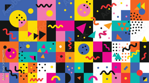 Colorful Memphis style abstract pattern with geometric shapes and wavy lines on a tiled background