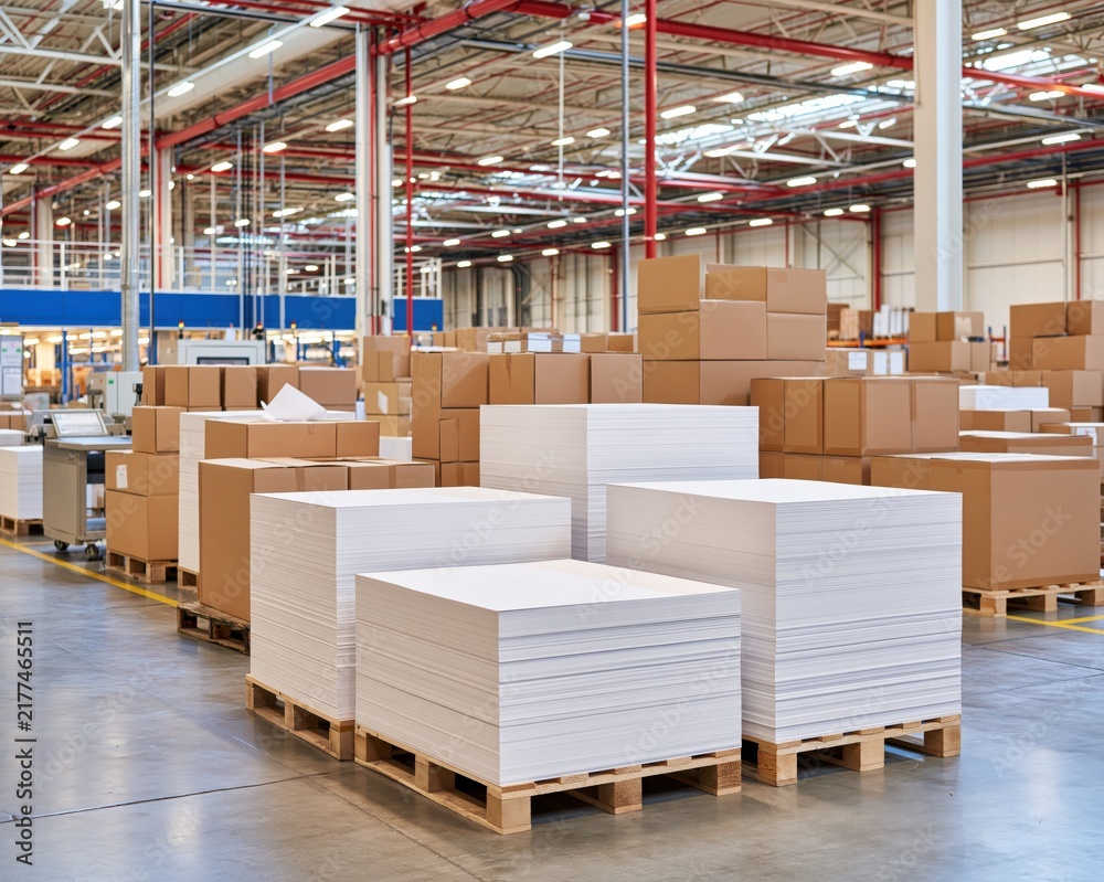 Obraz premium Stacks of blank printed sheets on pallets in large warehouse with cardboard boxes and industrial lighting