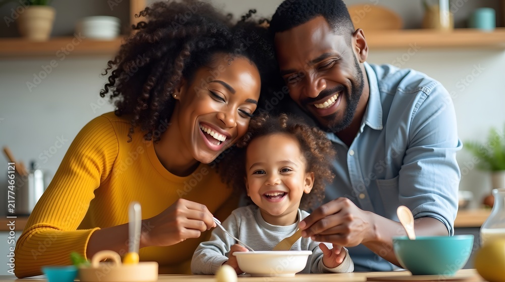 Fototapeta premium A joyful Black couple and their toddler enjoy a cheerful meal together, showcasing love and togetherness.