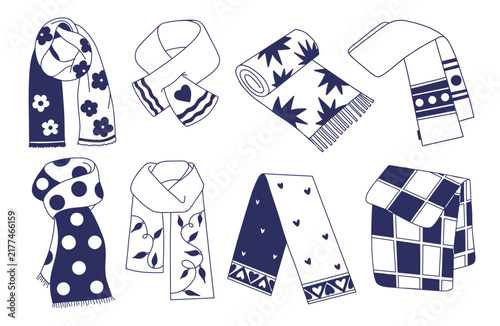 Winter Knitted Scarves and Neck Wrap Set. Isolated Blue Hand Drawn Doodle Scarf Collection with Floral, Garland, Heart, Plaid and Polka Dot Patterns for Apparel Design. Vector Illustration.
