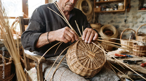 Elderly artisan weaving a traditional wicker basket by hand.