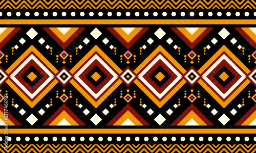 Seamless orange red black and cream tribal geometric pattern with diamond motifs and decorative borders.