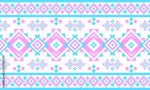 Seamless pastel pink and turquoise geometric ethnic pattern with diamond motifs and tribal ornamental borders.